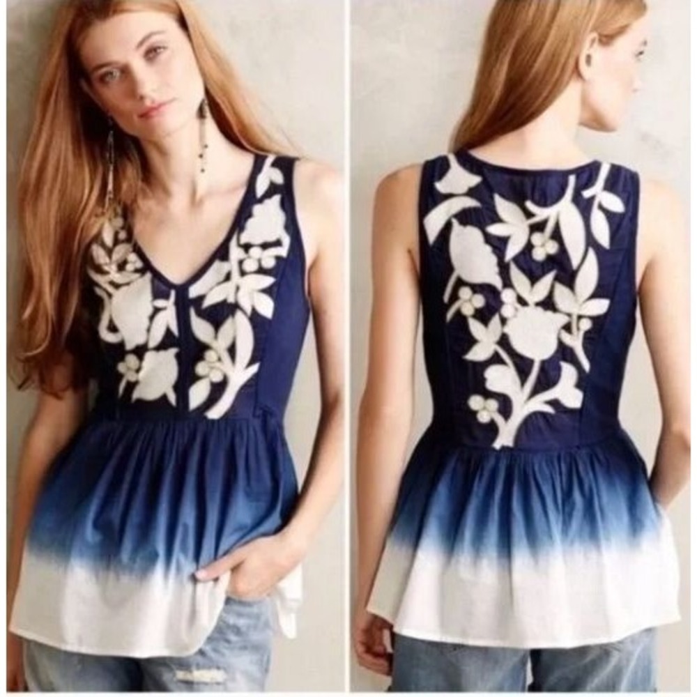 Anthropologie Floreat Dip‎ Dyed Peplum Tank Embroidered V-Neck Sleeveless XS